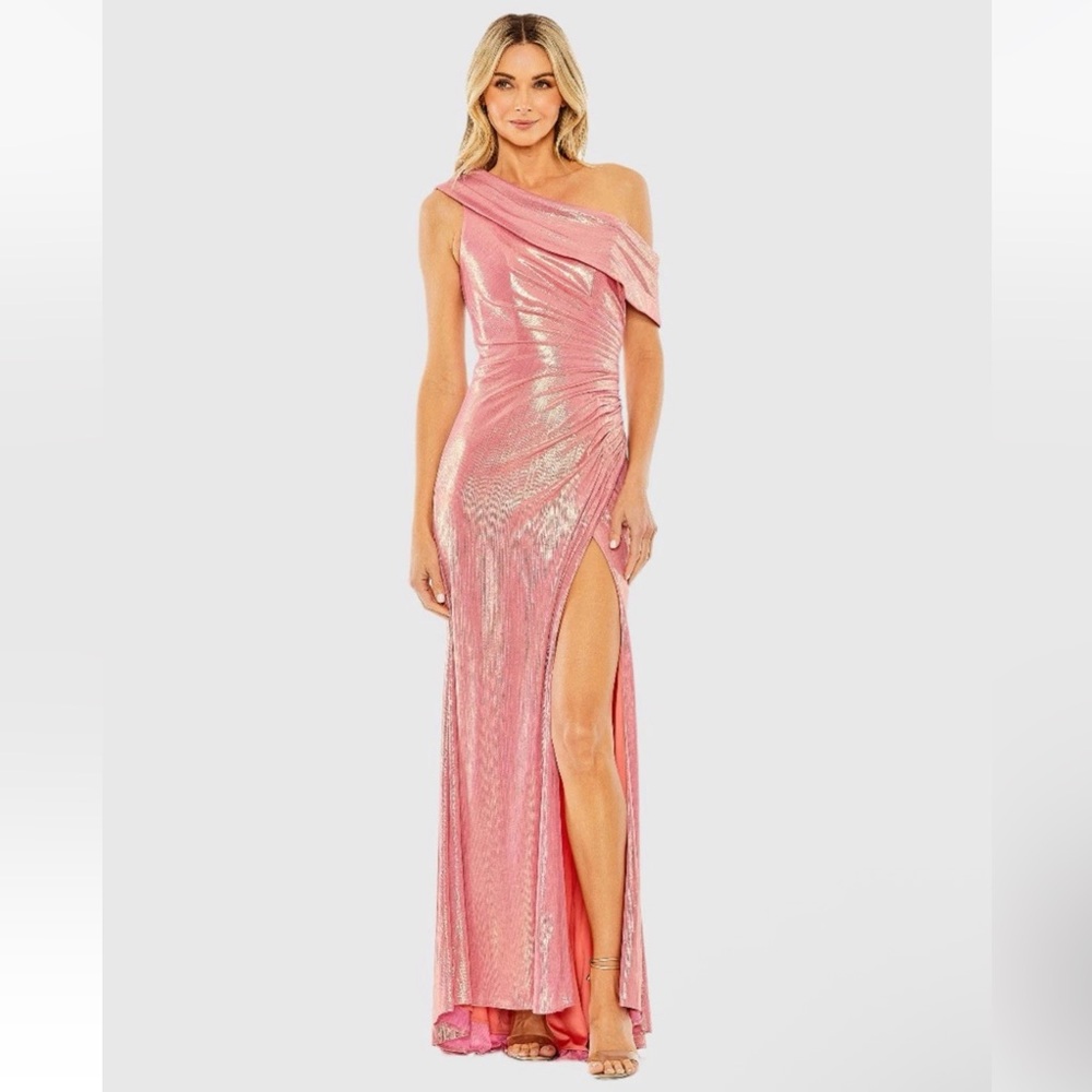 MAC DUGGAL Size 10‎ Pink 27152 OFF THE SHOULDER RUCHED WAIST SLIT METALLIC GOWN